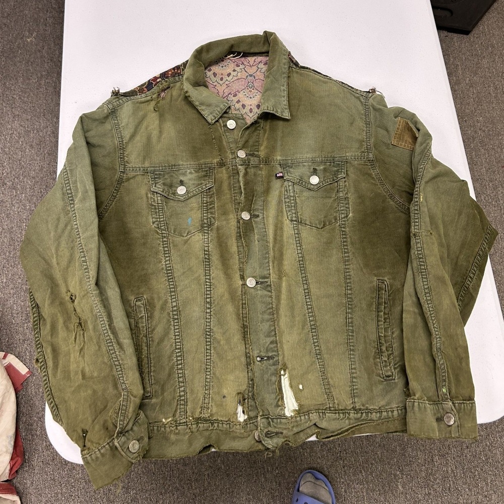 Ralph lauren Trucker Jacket Mens XL Green Distressed Paisley Patchwork A5
